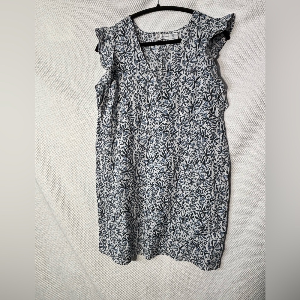 Lucky Brand Sz M 100% Linen Blue White Floral Ruffle Sleeve Mini Dress Unlined